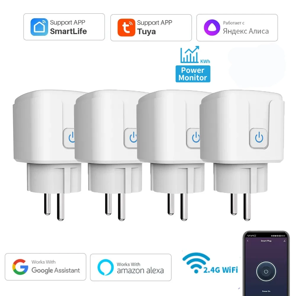 Умная розетка Tuya 16 /20A EU WiFi BLE Smart Plug с функцией контроля мощности и синхронизации Голосового управления Alexa Google Assistant