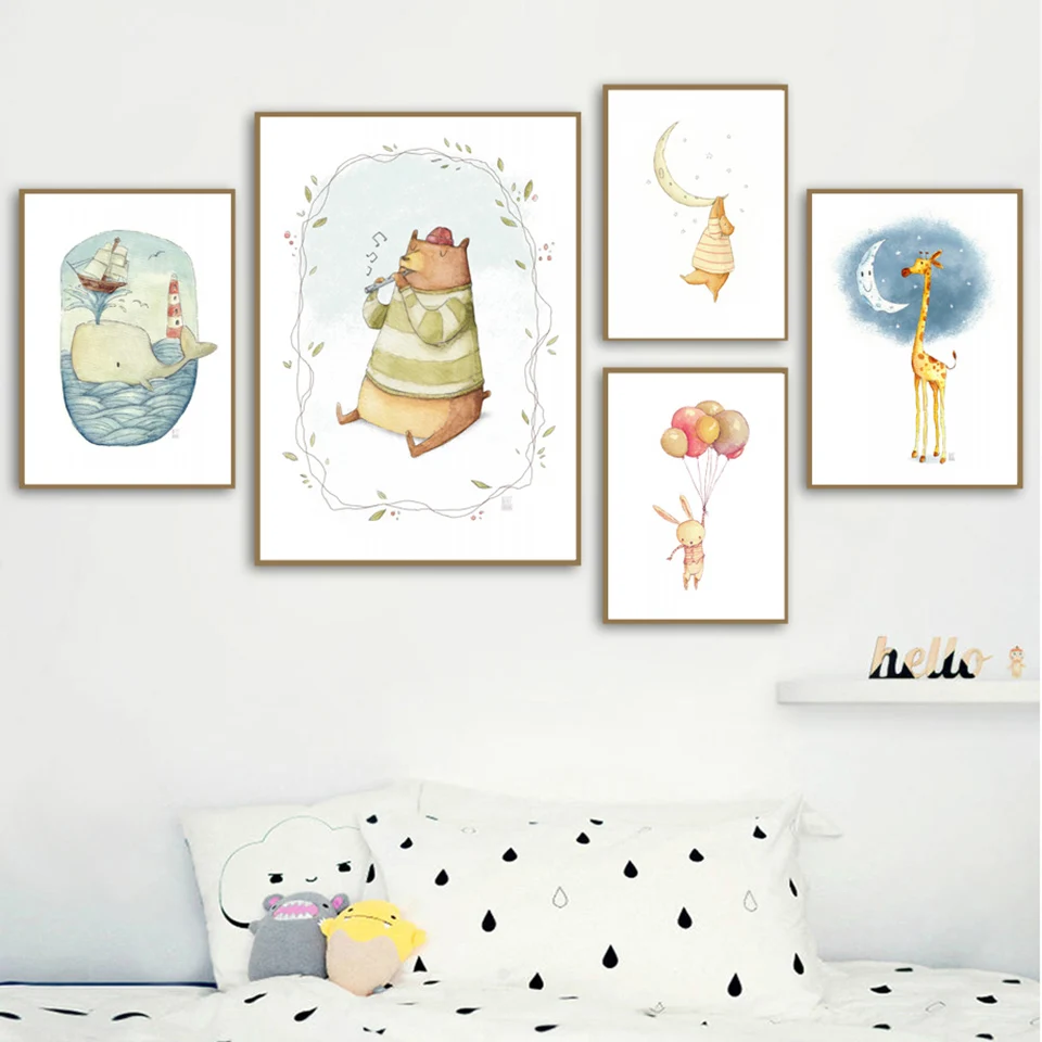 Картина на холсте в скандинавском стиле, Домашний декор, Кит, Лиса, Кролик, Жираф, Настенное искусство, Модульные картины, Плакат с мультяшными животными для детской комнаты