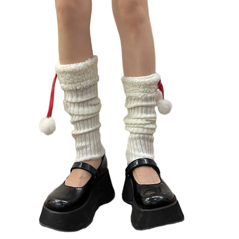 Женщины Y2K Harajuku Ребристая Вязаная Гетра С Меховой Отделкой Рождественский Плюшевый Шар С Бантом, Чехол Для Ног, Хруст, Длинные Носки Для Ботинок