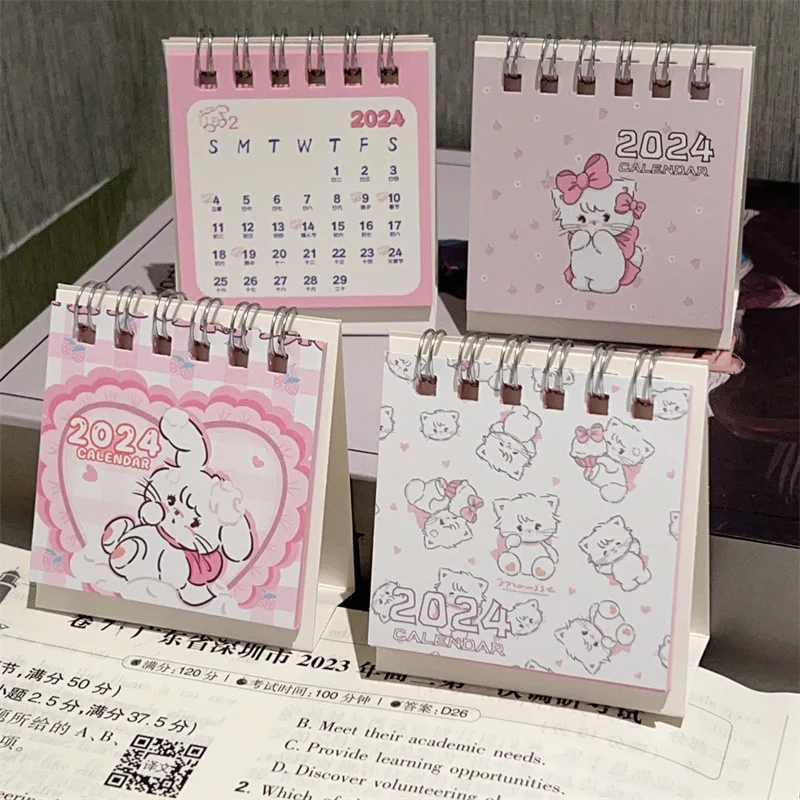 Настольный календарь с мультяшным Розовым Котом 2024 года, Мини-Милый Настольный календарь с откидной крышкой, Маленькое Ежедневное Планирование, Ежемесячный Календарь для дома