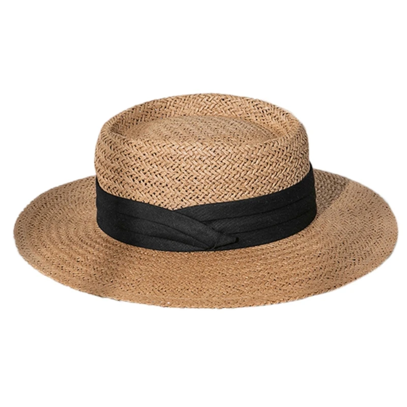 Женская Мужская Летняя Солнцезащитная шляпа из плетеной соломы с плоскими широкими полями, Богемная Пляжная кепка с регулируемым солнцезащитным кремом для улицы, панама-канотье