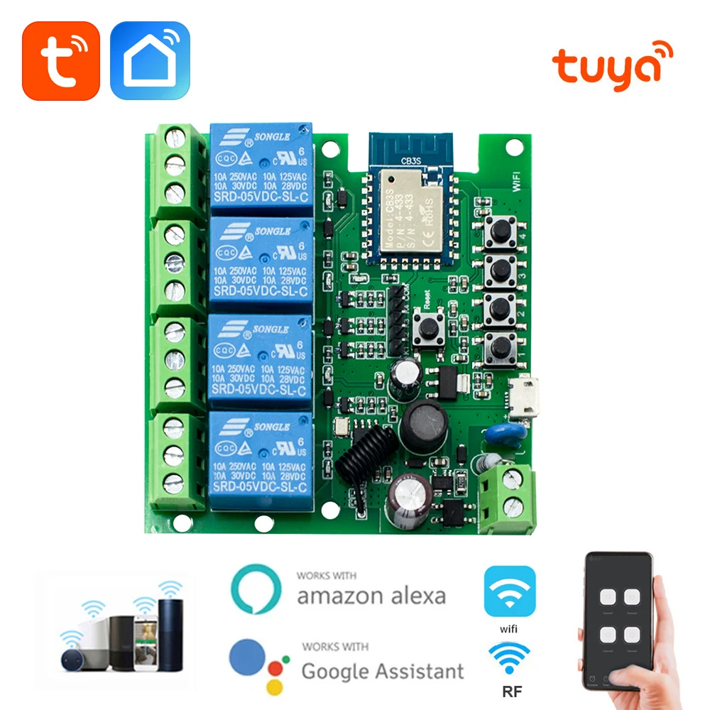 Smart Tuya 4-Канальный Модуль Переключения 5-32V 85-250v с Дистанционным управлением RF433 Tuya Smart Life APP Работает с Alexa Google Home