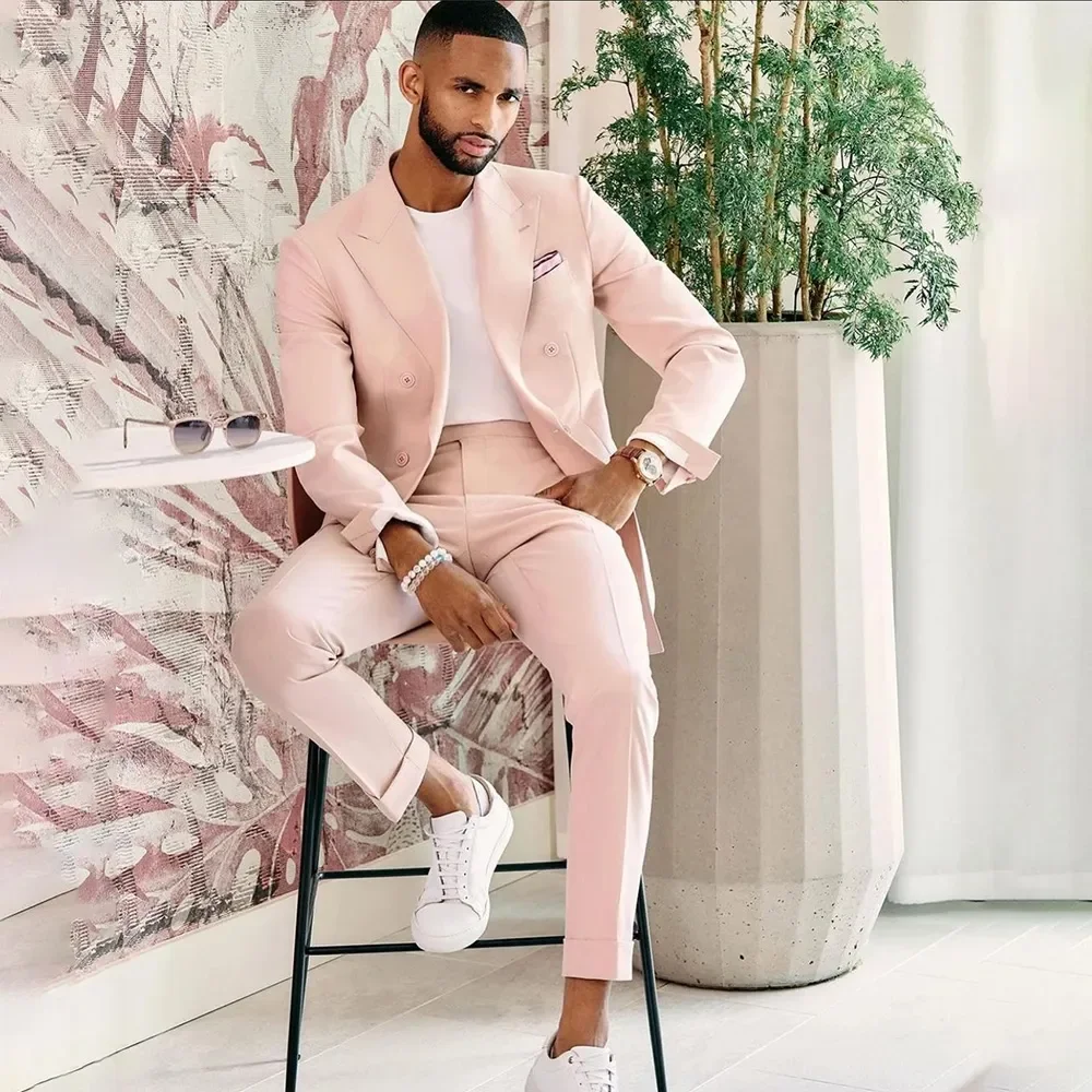 Сшитый на заказ Розовый мужской костюм из двух предметов, Приталенный блейзер, Брюки для свадьбы, Высококачественная мужская деловая официальная куртка, одежда