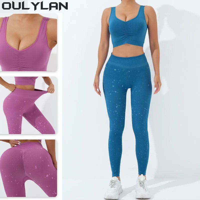 Oulylan Бесшовный костюм для йоги, одежда для тренажерного зала, тренировочный комплект из 2 предметов, леггинсы для фитнеса с высокой талией + Спортивный бюстгальтер, Спортивная экипировка для женщин, набор для йоги