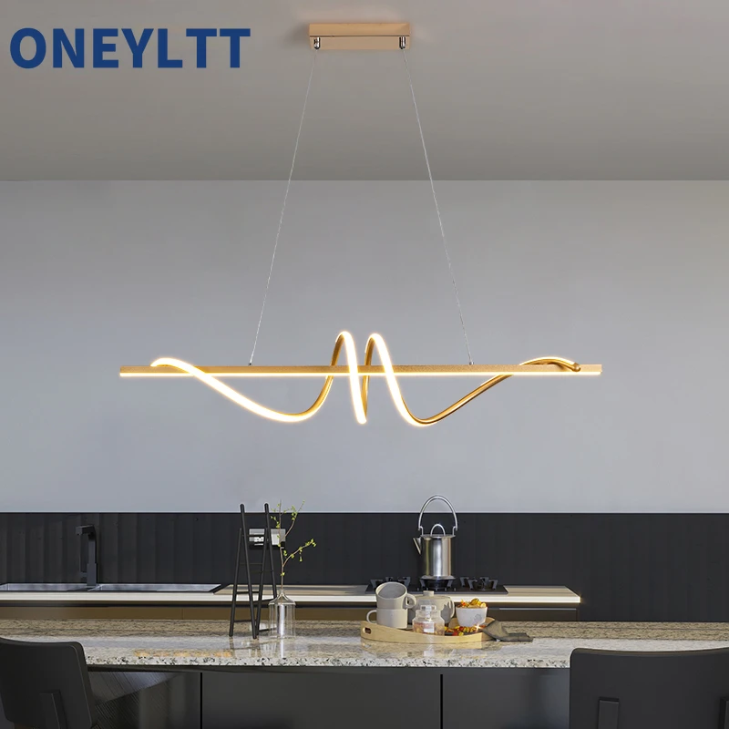 Ресторанная люстра современная простая резьба для чайной комнаты, обеденный стол, чрезвычайно простая длинная полоса света, роскошный барный светильник