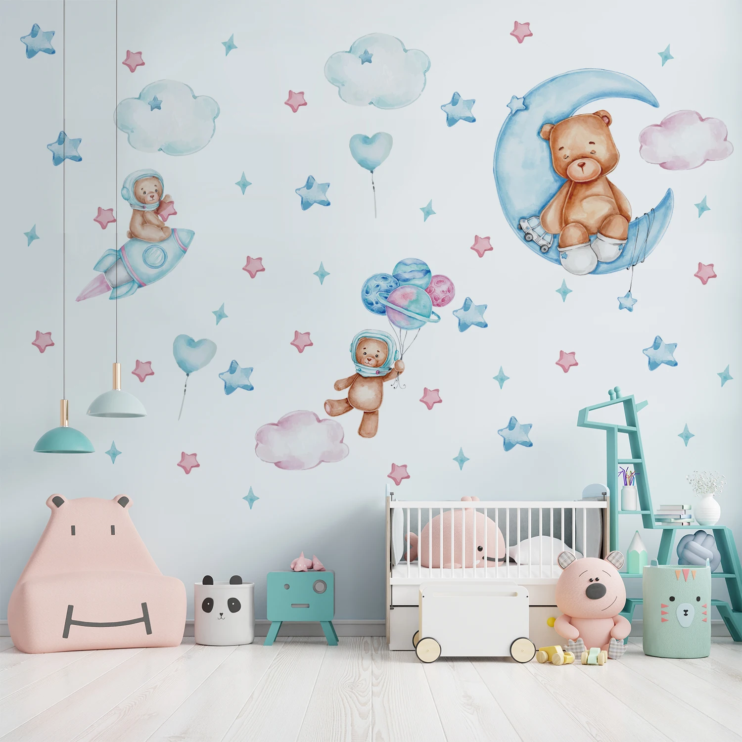 Наклейка на стену с воздушным шаром Голубой Луны, ракетой и медведем, Звездным облаком, настенным декором, фоном с мультяшными животными, наклейками на стены для детской комнаты, наклейками на стены