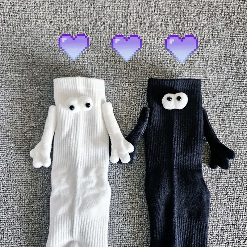 Магнитные всасывающие носки для пар до середины икры, рука об руку, женские носки для пар, забавные мультяшные глазки, 3D хлопок, дышащий, удобный, симпатичный