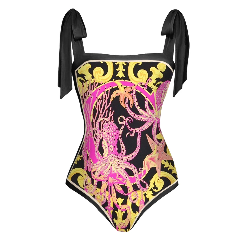 Модный цельный купальник с принтом осьминога, сексуальный пляжный купальник, модный пляжный купальник без бретелек с открытой спиной, блузка с галстуком, предварительная распродажа 2023