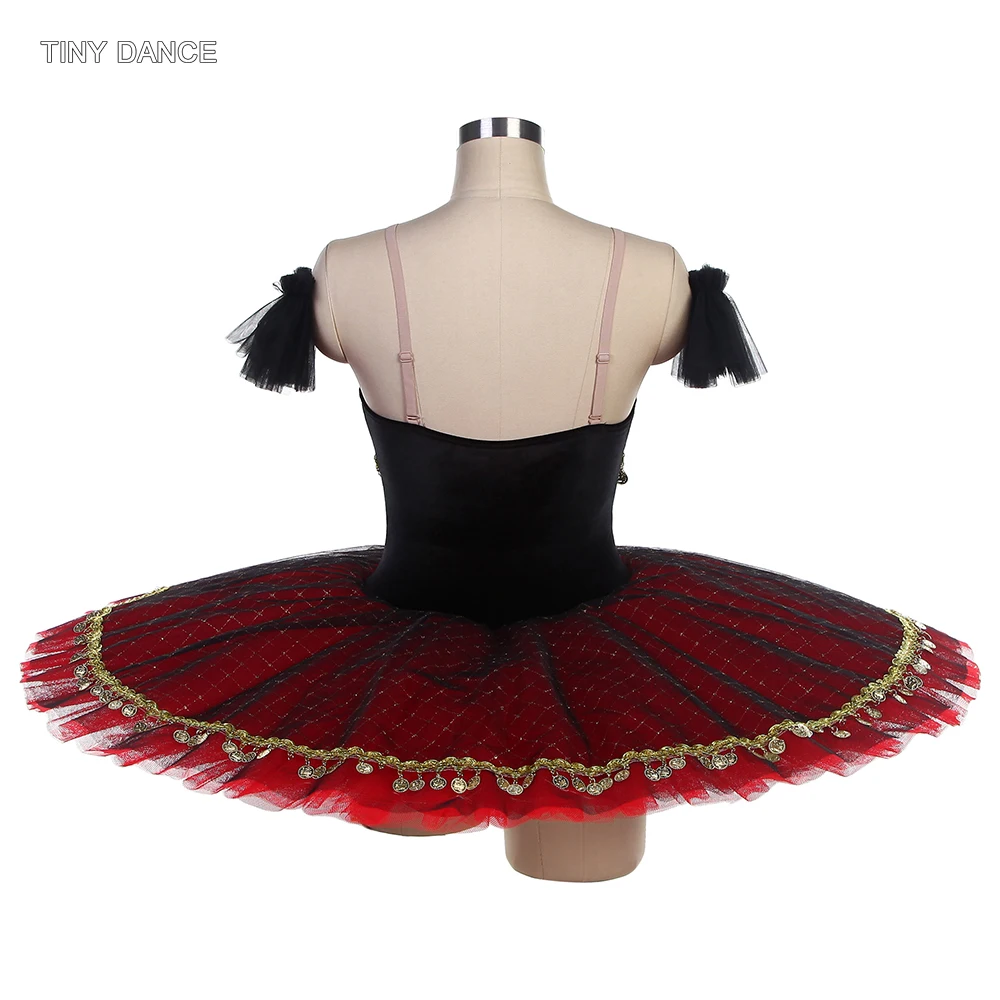 Черно-красный профессиональный костюм-пачка для девочек, бархатный лиф, балетная юбка-пачка-блин, платье-балерина из сверкающего тюля