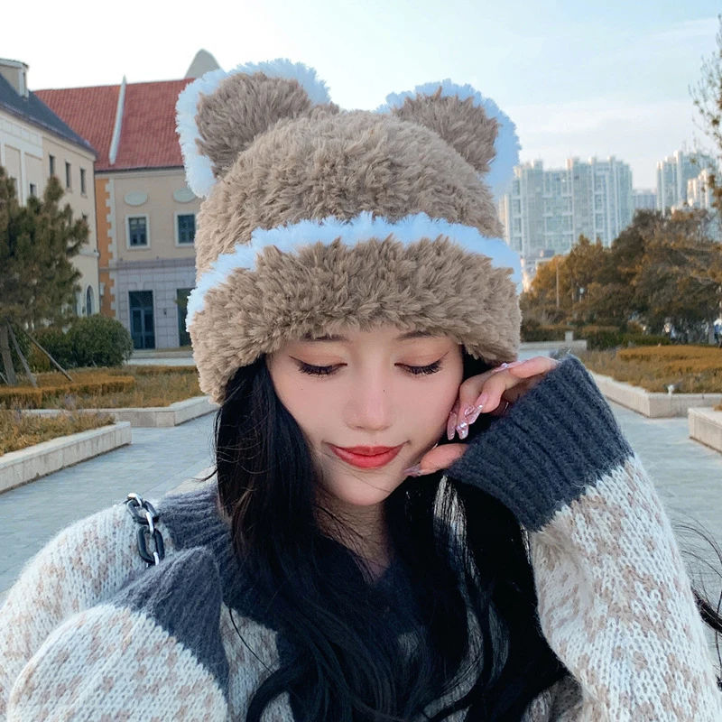 Модные женские наушники, шапка с милым мультяшным медведем, шапочка для защиты ушей, зимняя утепленная теплая шапка для защиты от холода