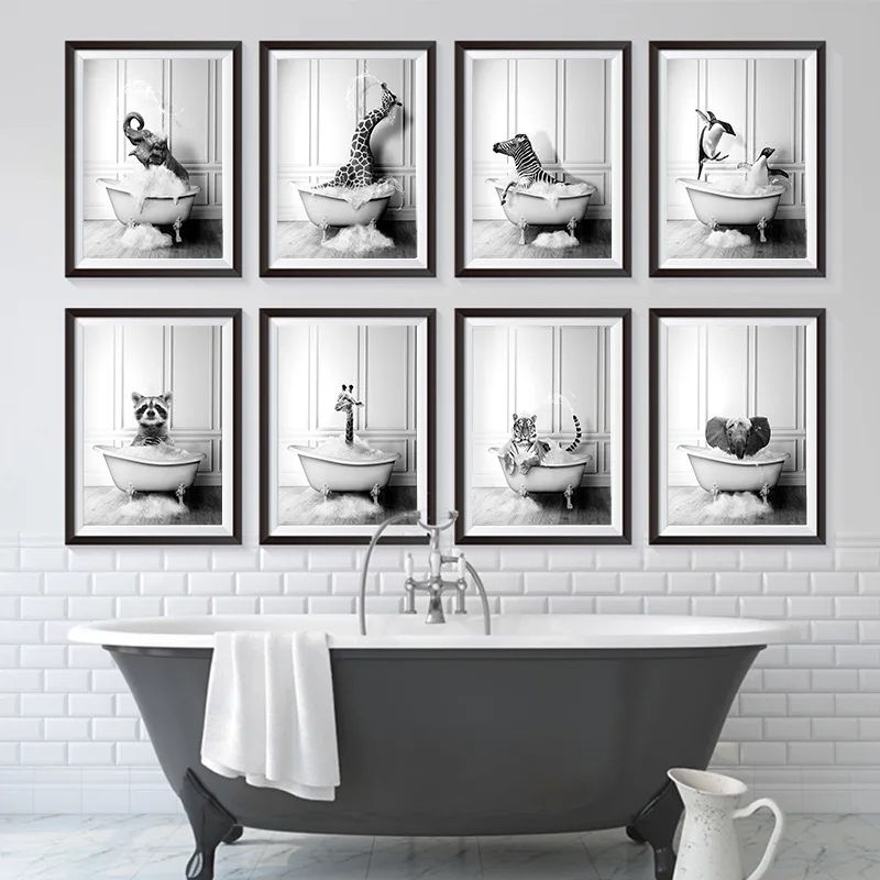 Современное мультяшное Черно-Белое Животное Жираф Зебра Тигр Слон Милая Картина для ванной, Висящая на стене ванной Комнаты, Художественный Плакат, Декор комнаты