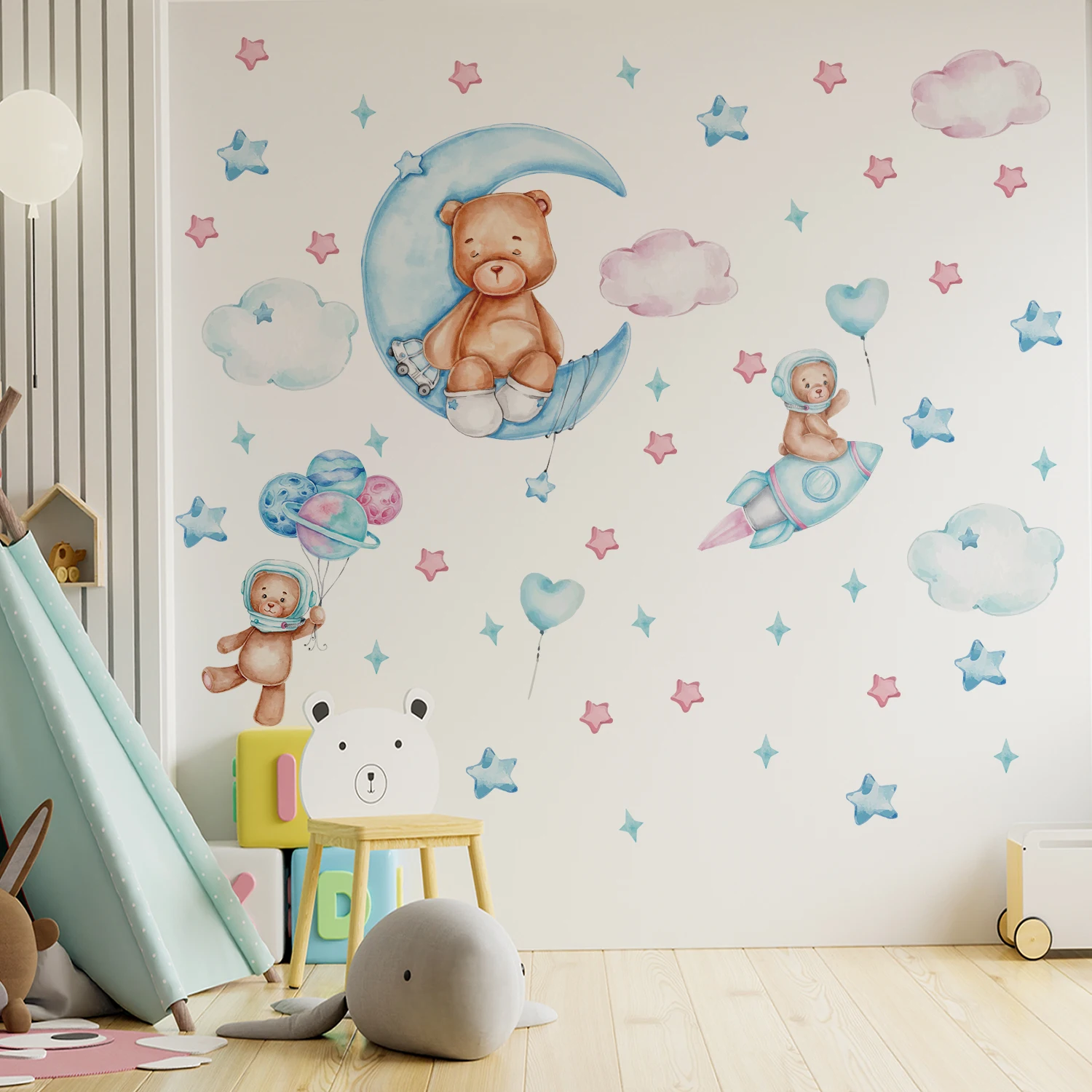 Наклейка на стену с воздушным шаром Голубой Луны, ракетой и медведем, Звездным облаком, настенным декором, фоном с мультяшными животными, наклейками на стены для детской комнаты, наклейками на стены
