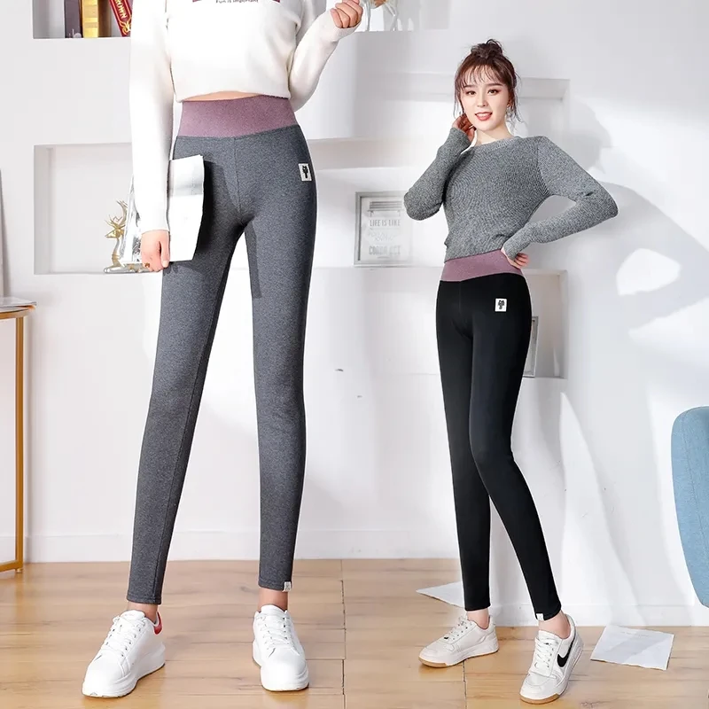 Зимние эластичные Леггинсы с высокой талией размера оверсайз 6xl, женские Корейские Тонкие Хлопчатобумажные Утепленные брюки, Повседневные Спортивные брюки с флисовой подкладкой, Обтягивающие брюки для фитнеса