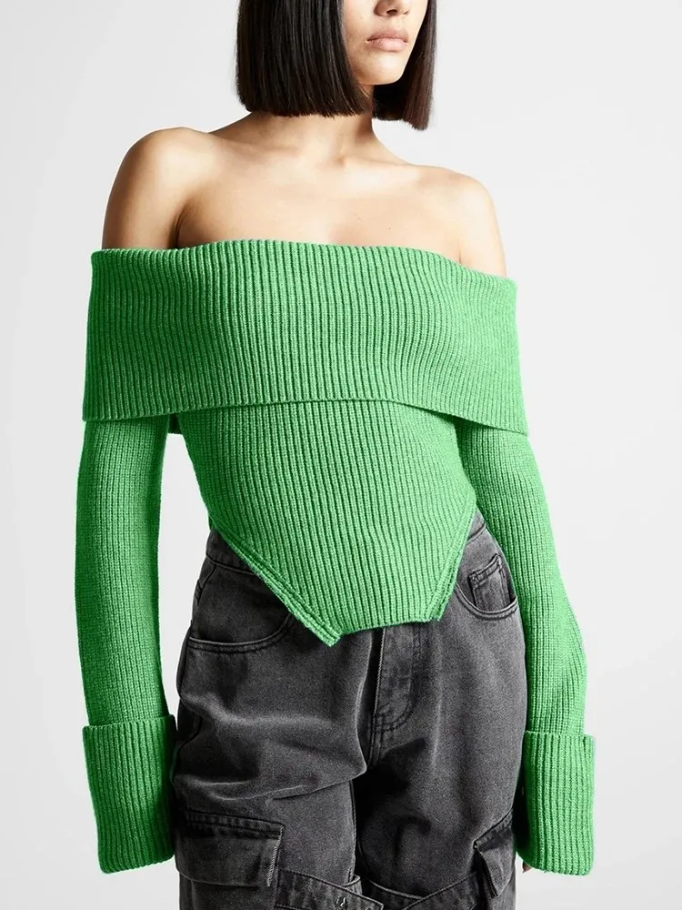 TWOTWINSTYLE Однотонные темпераментные свитера для женщин, Туника с длинным рукавом и вырезом лодочкой, Нерегулярный минималистичный свитер в женском модном стиле