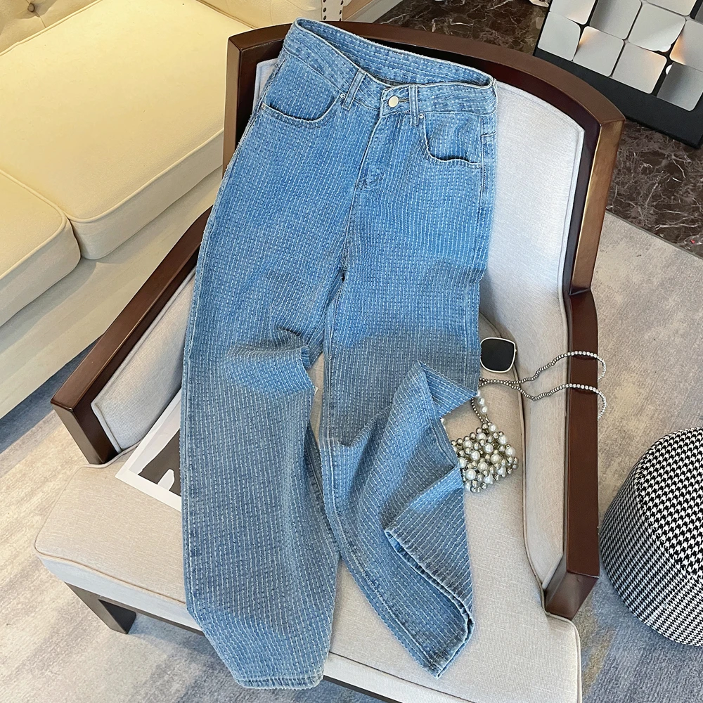 Женские жаккардовые светло-голубые джинсы с вертикальным рисунком, повседневные широкие брюки в винтажном стиле, прямые джинсовые брюки с высокой талией