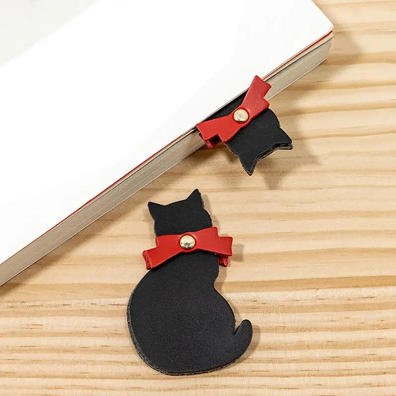 Черная кошачья закладка-закладка для чтения в форме кошки из искусственной кожи, Прочные зажимы для книжных страниц, Легкий забавный маркер для книжных страниц