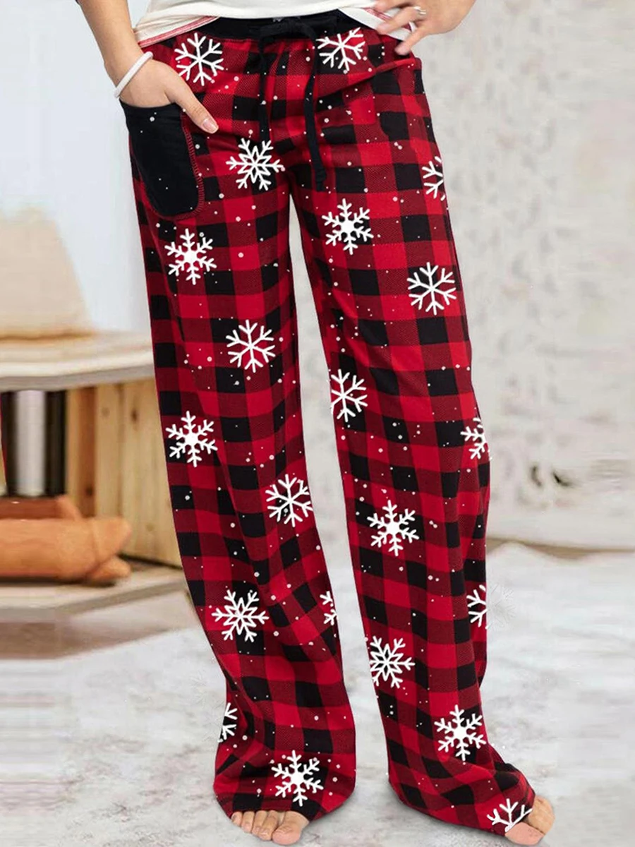 Женские рождественские пижамные штаны, клетчатые пижамные штаны с завязками в виде снежинок, пижамные штаны для сна с карманами, пижамы