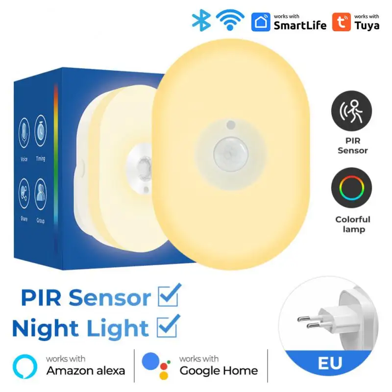 Wi-Fi Умный светодиодный ночник Tuya с датчиком движения PIR, настенный светильник с вилкой EU US UK, теплый белый RGB, голосовое приложение для комнаты для Alexa Googl