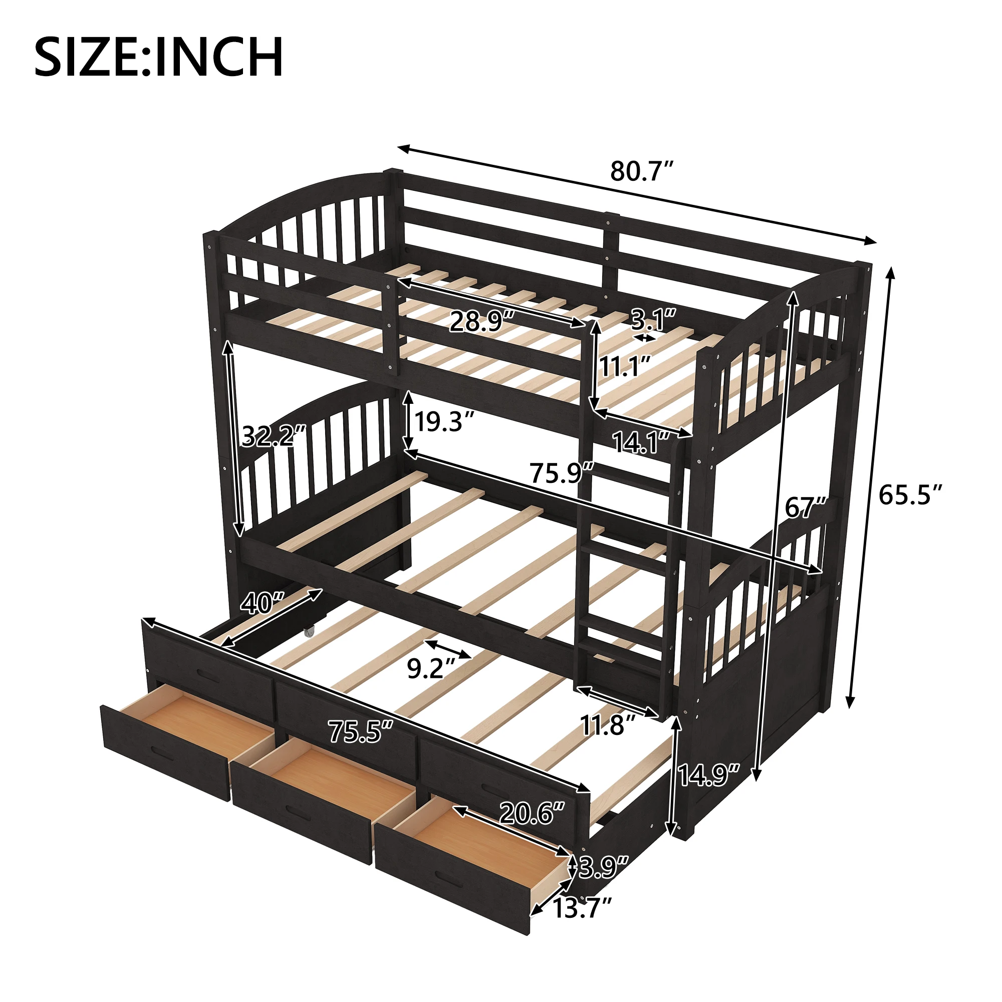 Деревянная двухъярусная кровать twin over Twin с чемоданом и выдвижными ящиками, espresso