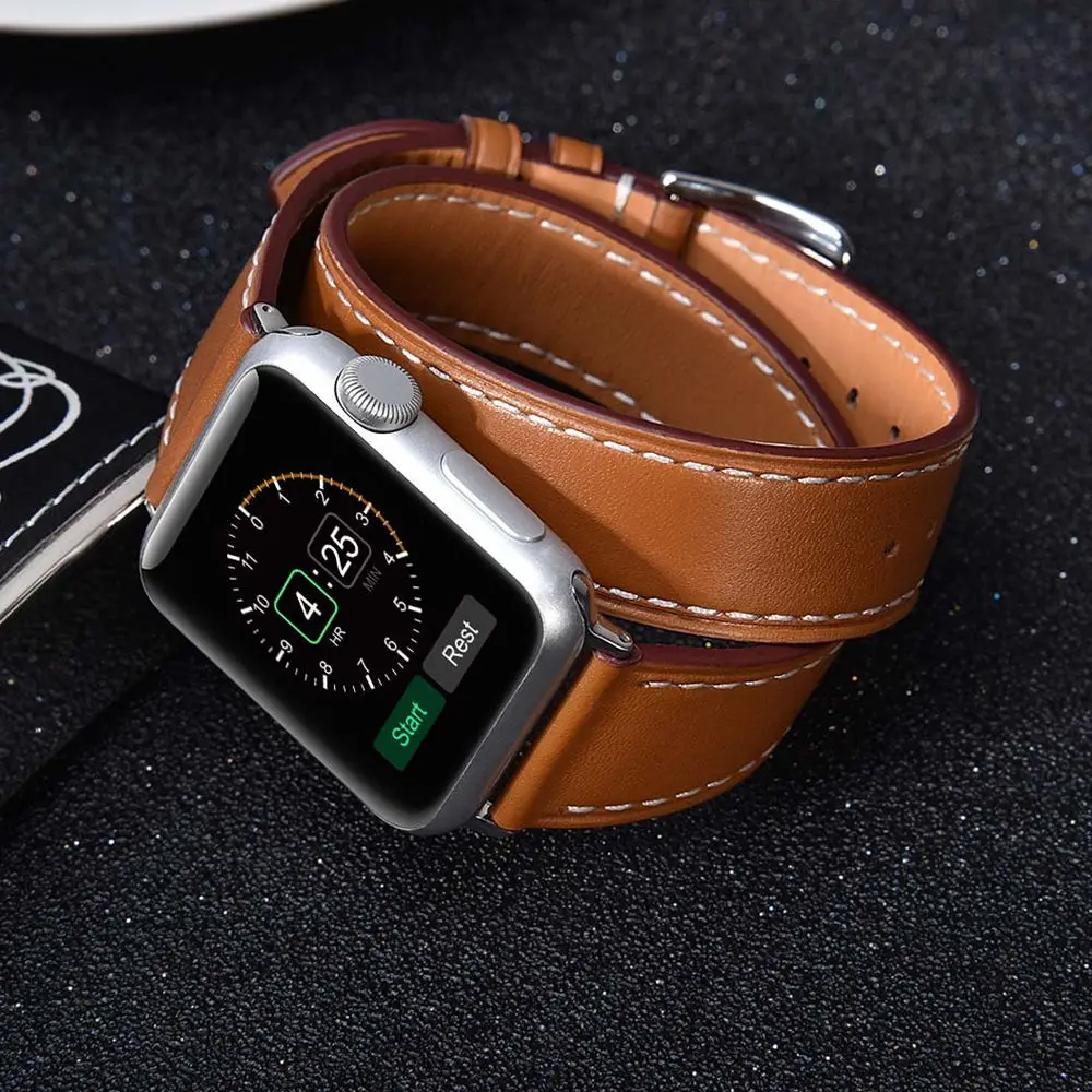 Двойной ремешок для Apple watch band 45 мм 41 мм 44 мм/40 мм 42 мм/38 мм Кожаный ремешок для часов браслет iWatch series 5 4 3 se 6 7 band