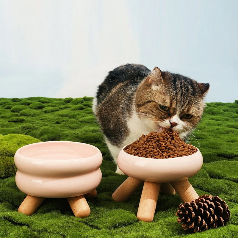 Рельефная Керамическая миска для воды для кошек, собак, корма для домашних животных с подставкой из цельного дерева, доступна для чистки в микроволновой печи.