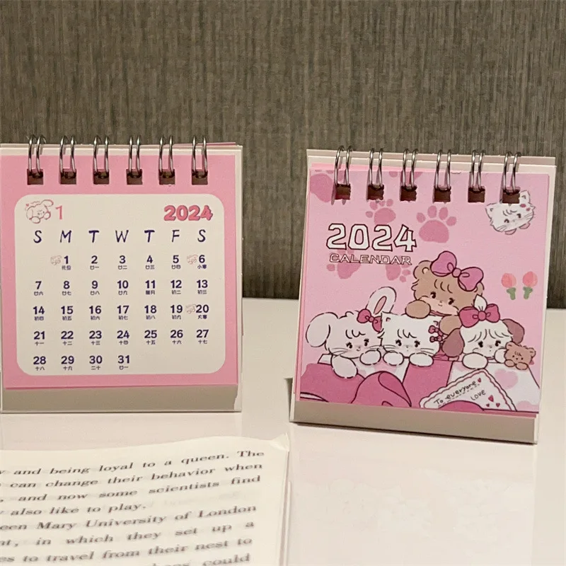 Настольный календарь с мультяшным Розовым Котом 2024 года, Мини-Милый Настольный календарь с откидной крышкой, Маленькое Ежедневное Планирование, Ежемесячный Календарь для дома