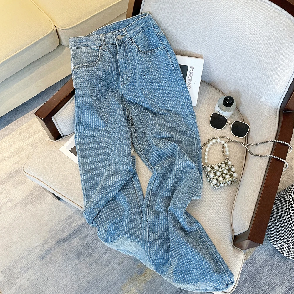 Женские жаккардовые светло-голубые джинсы с вертикальным рисунком, повседневные широкие брюки в винтажном стиле, прямые джинсовые брюки с высокой талией
