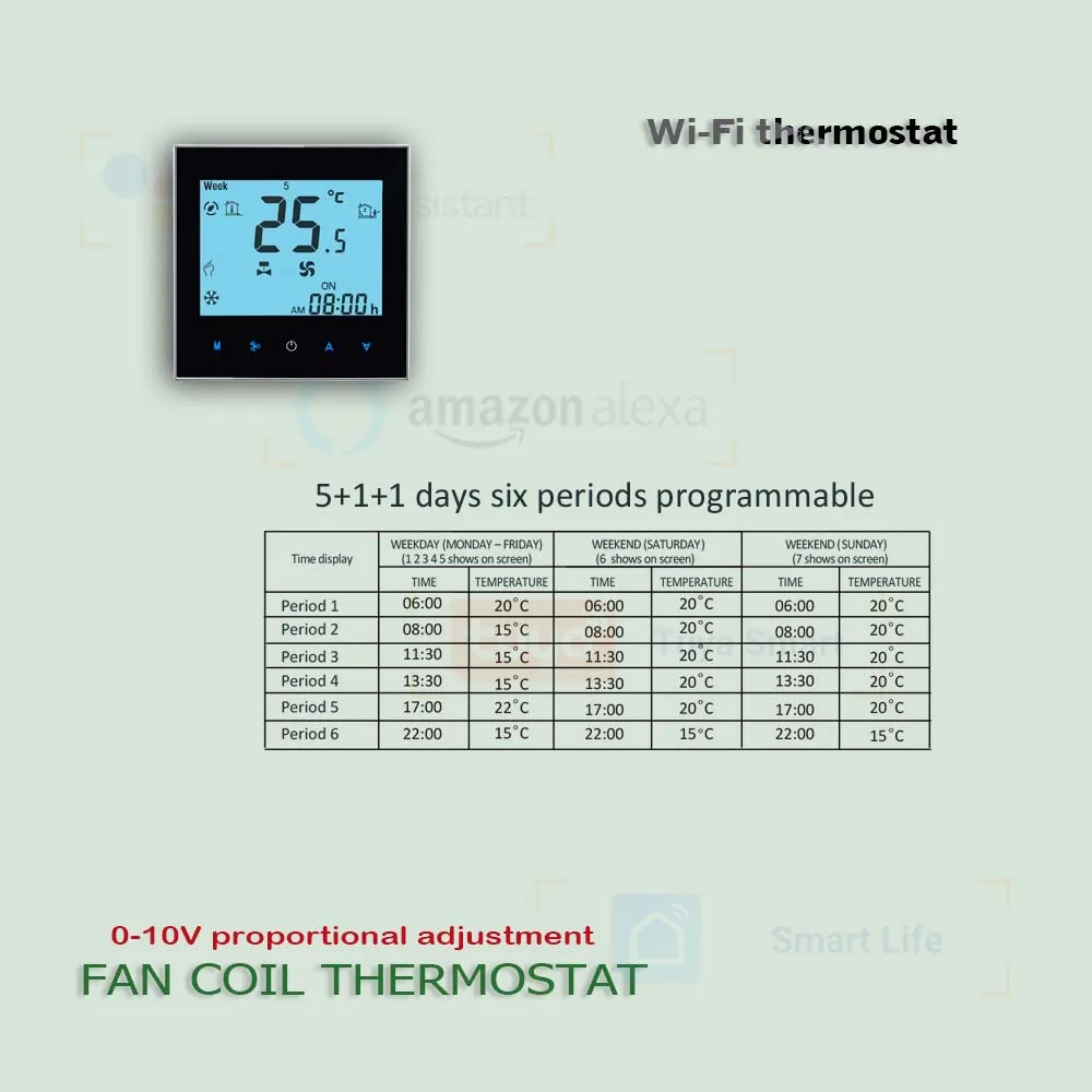 Термостат фанкойла Tuya Wi-Fi для управления охлаждением или обогревом 0-10 В с пропорциональным клапаном, 3-ступенчатый вентилятор Работает с Alexa Google home