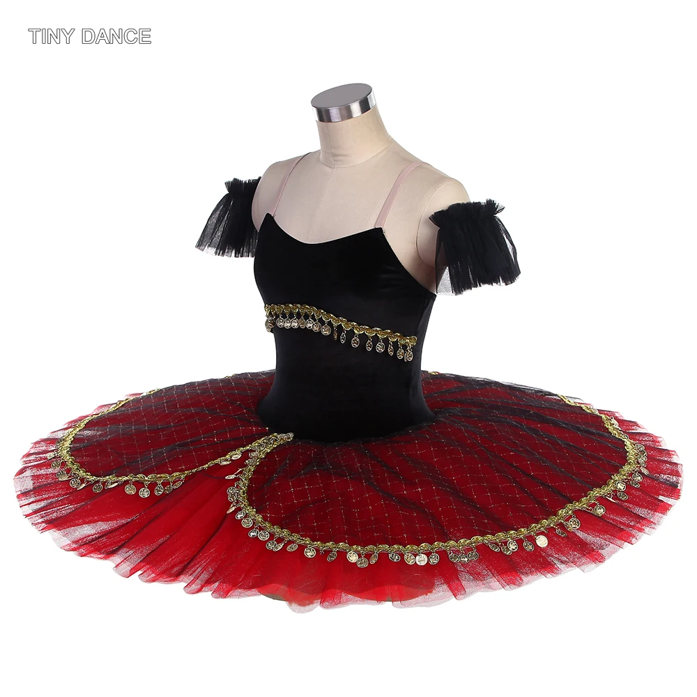 Черно-красный профессиональный костюм-пачка для девочек, бархатный лиф, балетная юбка-пачка-блин, платье-балерина из сверкающего тюля