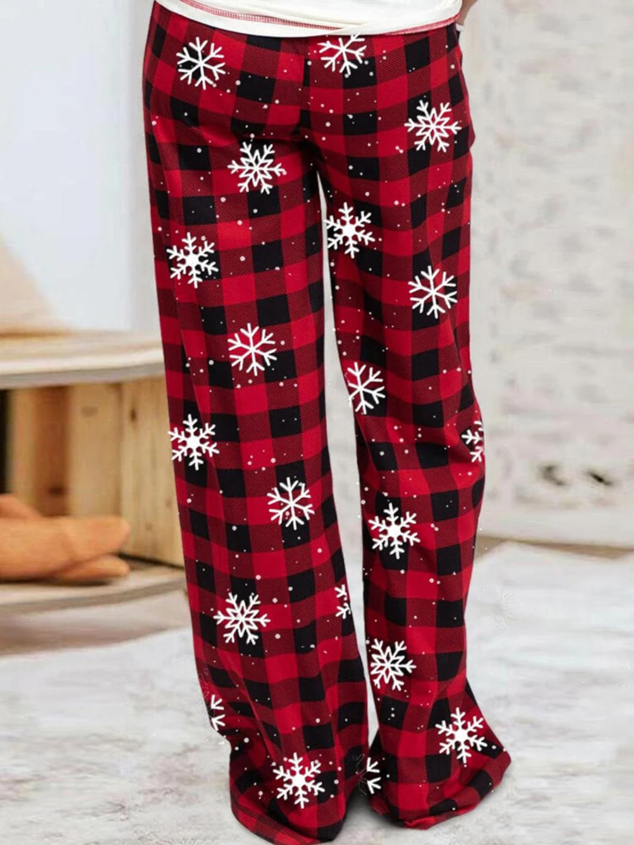 Женские рождественские пижамные штаны, клетчатые пижамные штаны с завязками в виде снежинок, пижамные штаны для сна с карманами, пижамы