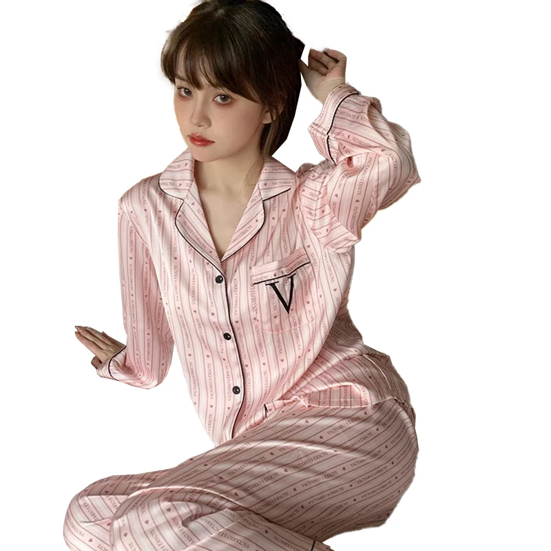 Женская пижама из ледяного шелка С длинными рукавами, Комплект из двух предметов С принтом из высококачественного Ледяного шелка, который можно носить на улице, можно носить дома. Весна