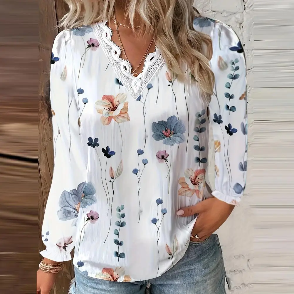 Женская весенняя рубашка с цветочным принтом, кружевной V-образный вырез, свободная женская футболка в стиле пэчворк, рубашка в стиле пэчворк