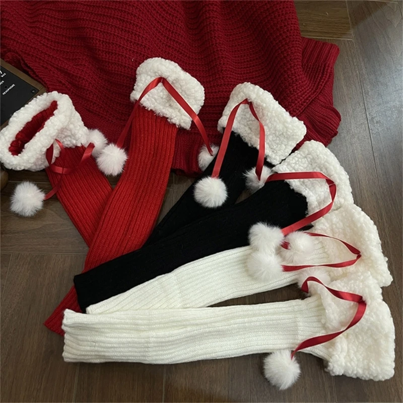 Женщины Y2K Harajuku Ребристая Вязаная Гетра С Меховой Отделкой Рождественский Плюшевый Шар С Бантом, Чехол Для Ног, Хруст, Длинные Носки Для Ботинок