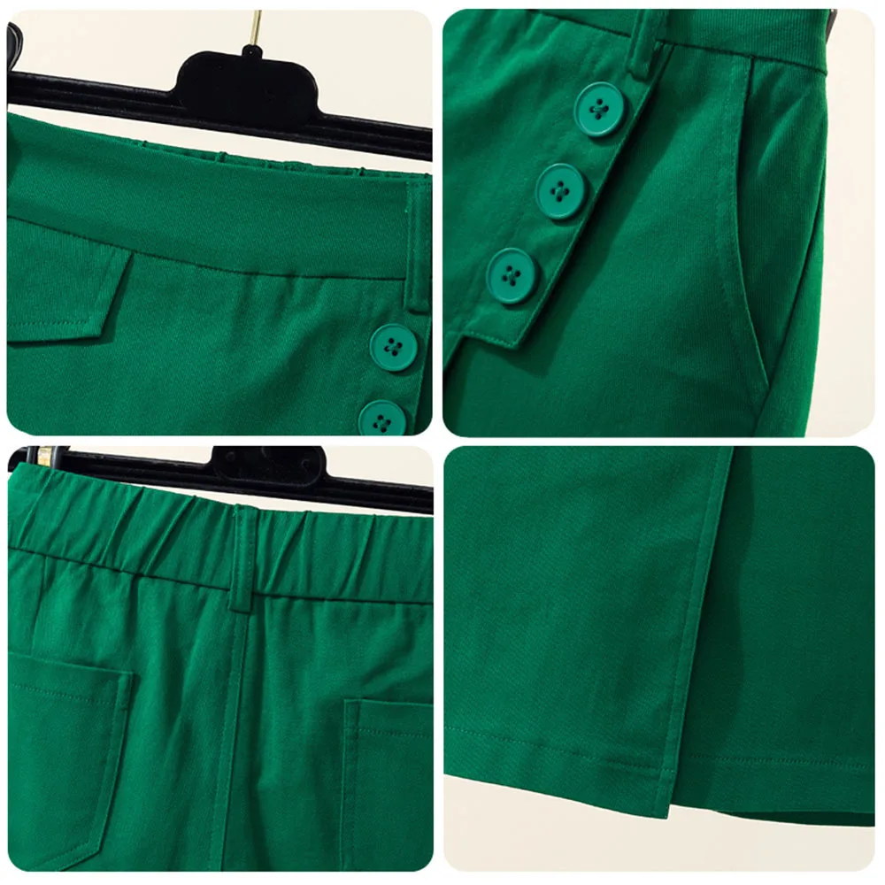 Летние Зеленые шорты Джинсовые шорты 4XL Элегантные женские Шорты с высокой эластичной талией и пуговицами с разрезом внутри Черные женские