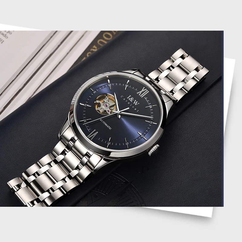 CARNIVAL Лучший бренд класса люкс Механические часы Водонепроницаемые Автоматические часы из нержавеющей стали со скелетом из сапфирового стекла Мужские часы 8750