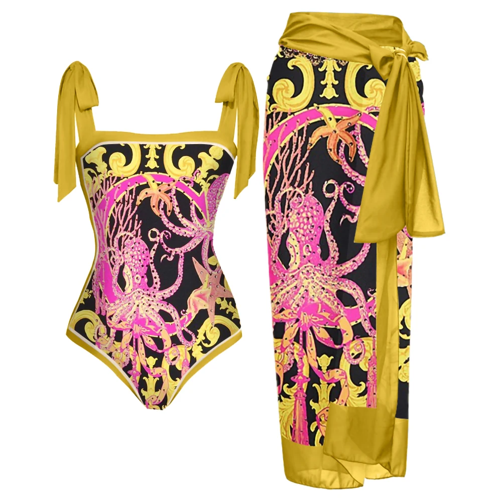 Модный цельный купальник с принтом осьминога, сексуальный пляжный купальник, модный пляжный купальник без бретелек с открытой спиной, блузка с галстуком, предварительная распродажа 2023