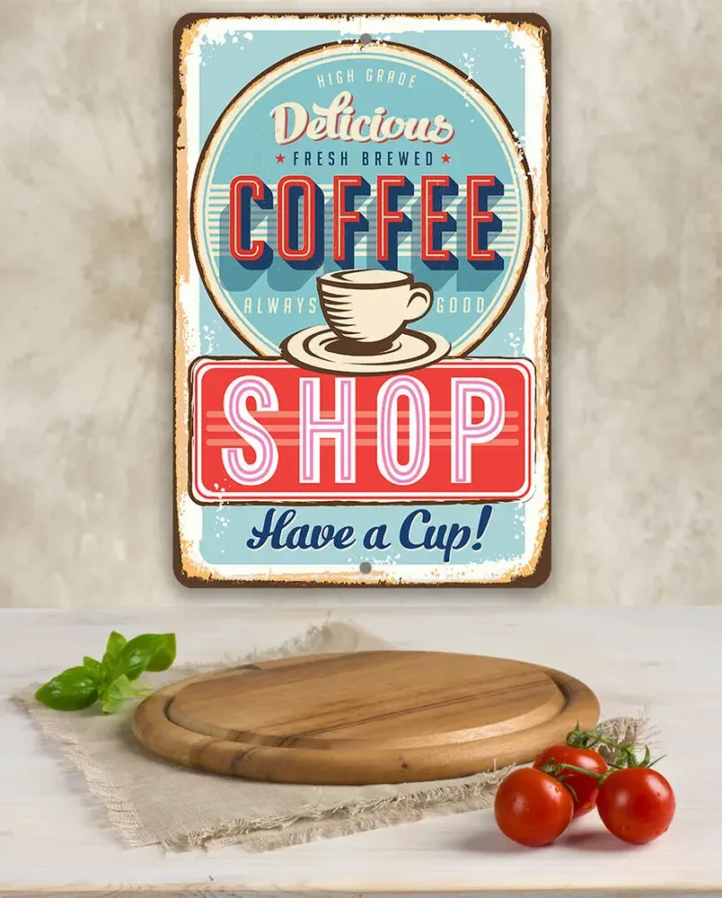 Металлическая вывеска - Вкусный Свежесваренный Кофе - Декор кафе и подарок для любителей Кофе