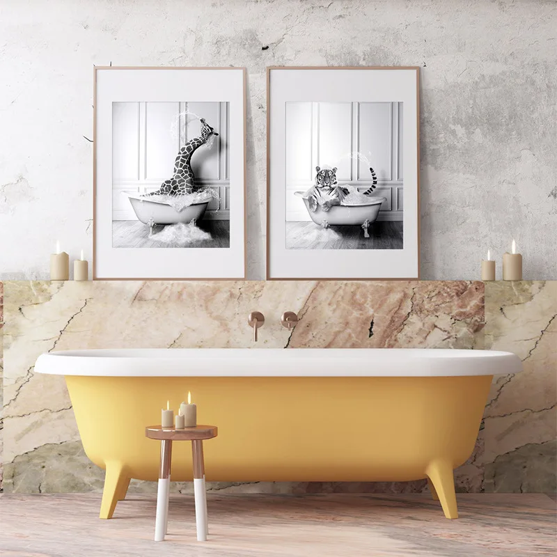 Современное мультяшное Черно-Белое Животное Жираф Зебра Тигр Слон Милая Картина для ванной, Висящая на стене ванной Комнаты, Художественный Плакат, Декор комнаты