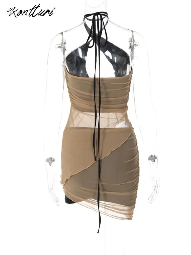 Kontturi Летняя уличная одежда в стиле пэчворк, сетчатый комплект из 2 предметов с открытой спиной, женская одежда 2023, укороченные топы на бретелях, мини-юбки, комплекты в тон