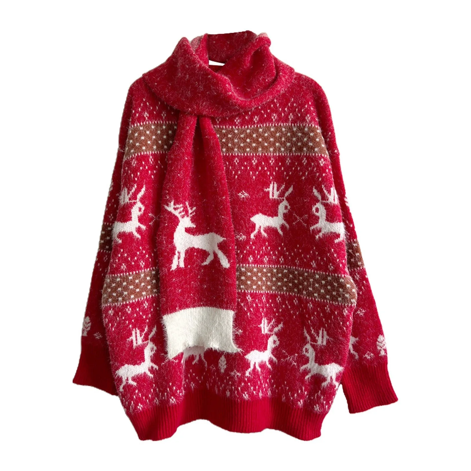 Женская мода круглый вырез с длинным рукавом олень снежинка жаккардовый рождественский свитер шарф комплект из двух предметов