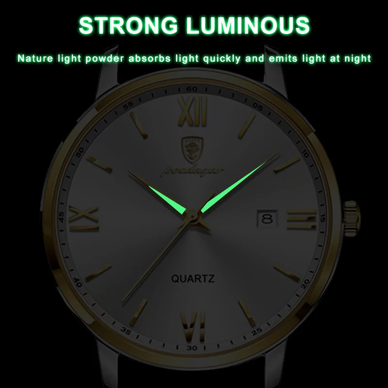 Повседневные наручные часы POEDAGAR для мужчин, роскошный деловой ремешок из натуральной кожи, люминесцентные кварцевые мужские часы, бренд Top Waterproof 2023