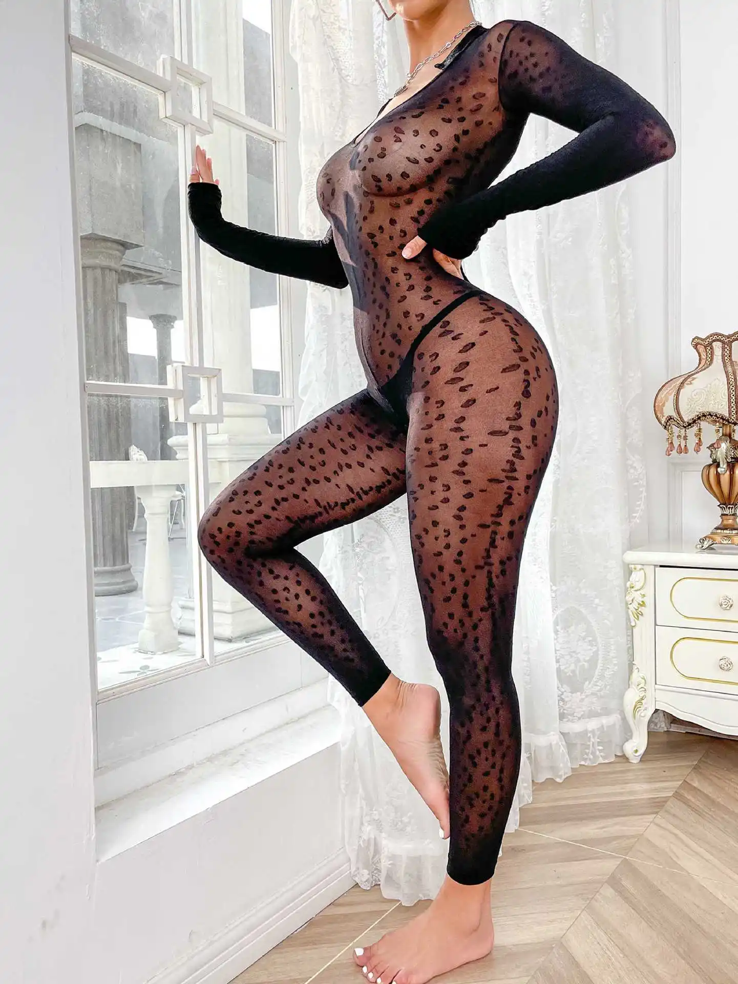 N-6040 Новое сексуальное сетчатое эротическое белье с длинными рукавами и леопардовым принтом