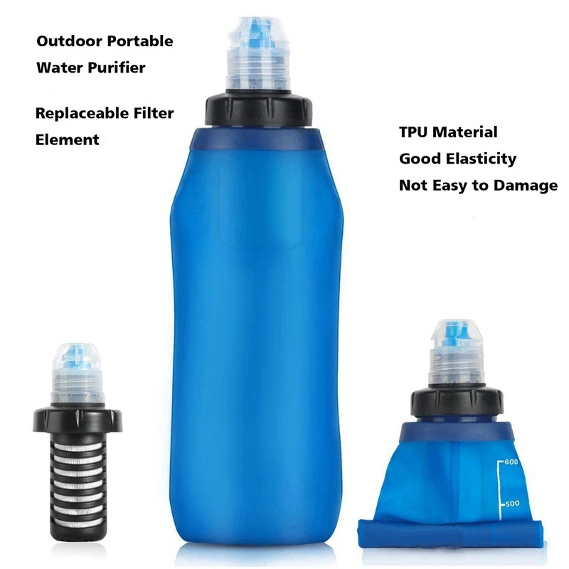 Бутылка с фильтром для воды объемом 500 мл, соломенный фильтр для воды, мягкая складная сумка для воды с фильтром для спорта, кемпинга, пеших прогулок, езды на велосипеде