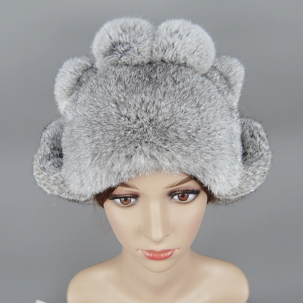 Новая женская зимняя теплая шапка из натурального кроличьего меха, снежная шапка, зимние шапки для женщин и девочек, вязаные шапочки из натурального меха, натуральная пушистая шапка