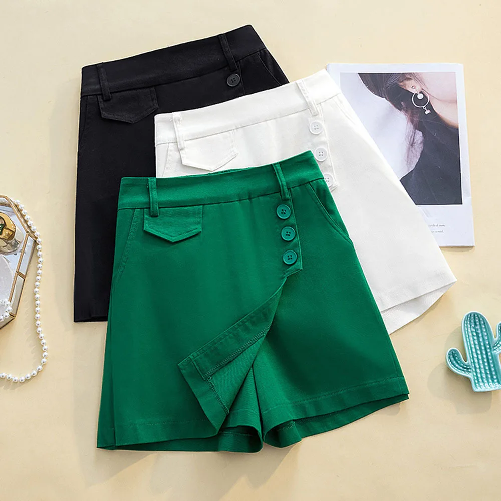 Летние Зеленые шорты Джинсовые шорты 4XL Элегантные женские Шорты с высокой эластичной талией и пуговицами с разрезом внутри Черные женские