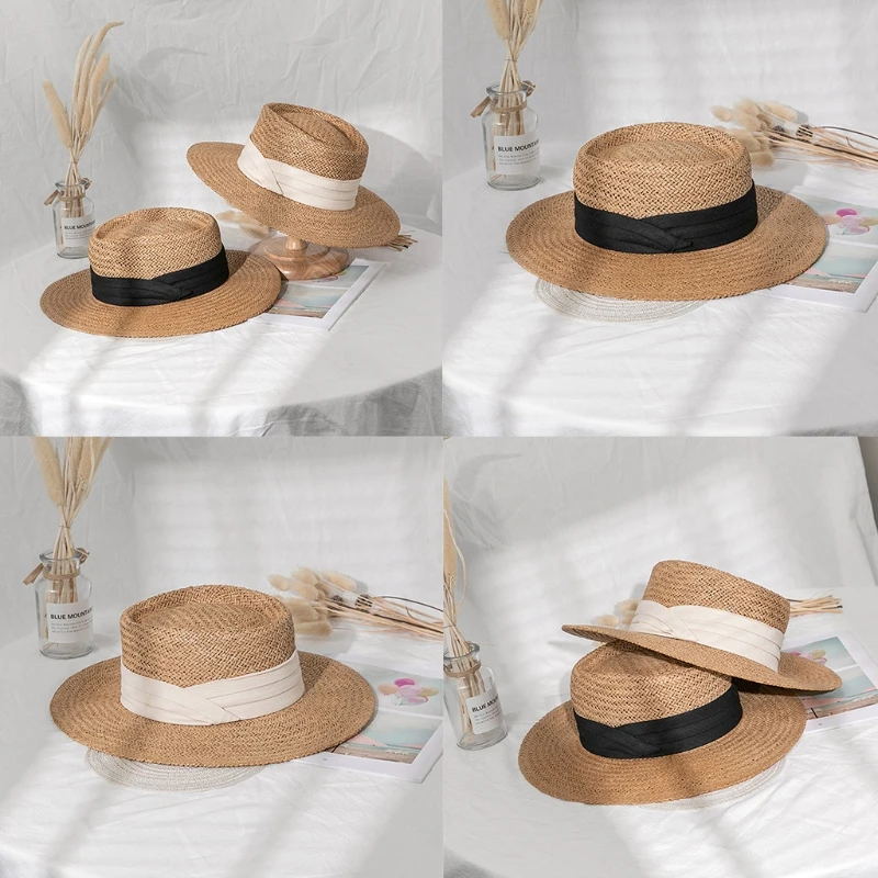 Женская Мужская Летняя Солнцезащитная шляпа из плетеной соломы с плоскими широкими полями, Богемная Пляжная кепка с регулируемым солнцезащитным кремом для улицы, панама-канотье