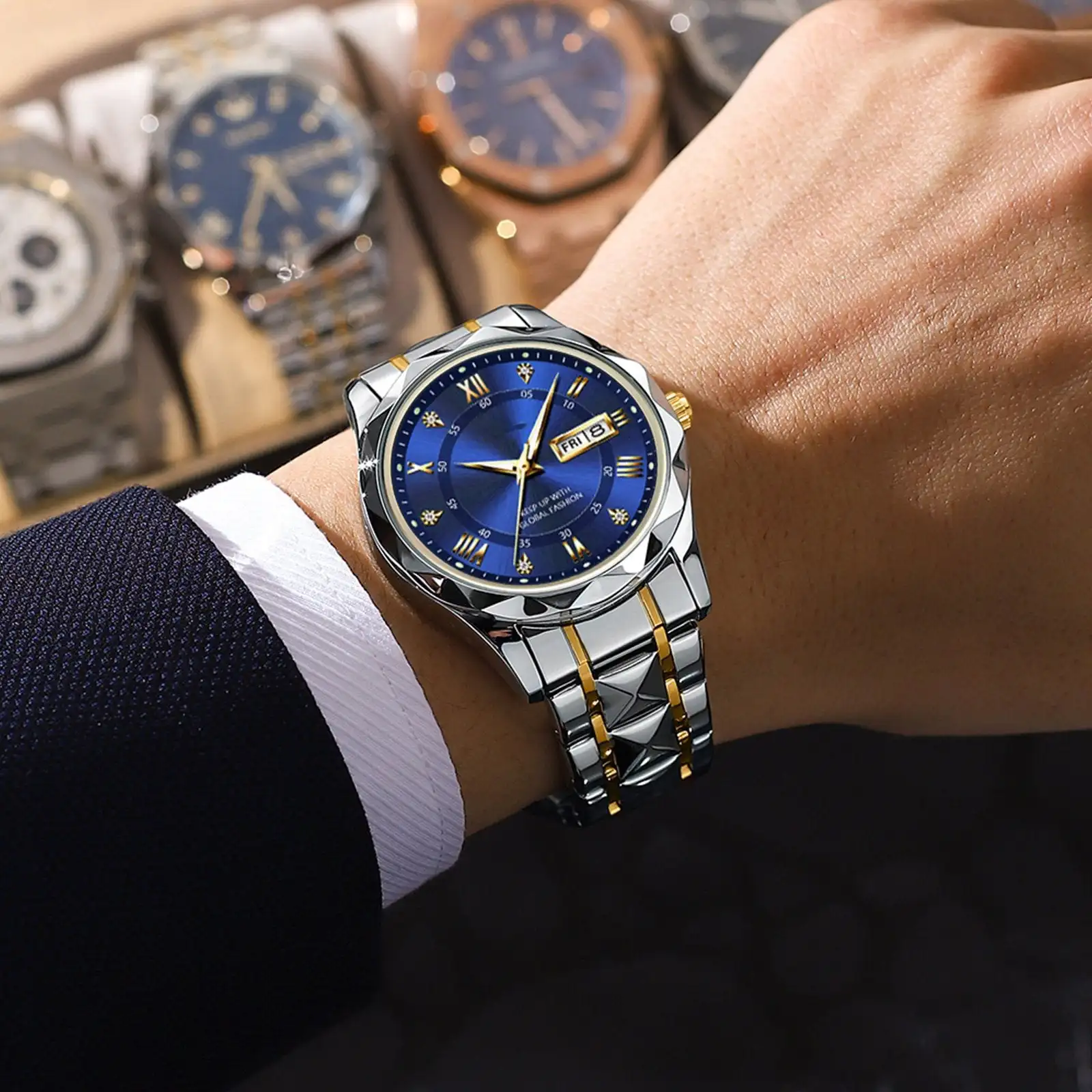 Мужские часы в деловом стиле с бриллиантами, аналоговые кварцевые водонепроницаемые люминесцентные роскошные повседневные наручные часы