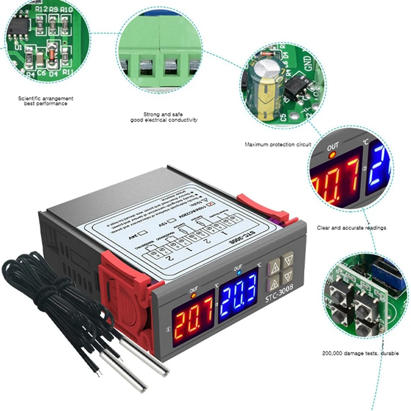 2X Цифровой термостат Регулятор температуры STC-3008 Датчик термометра гигрометр 12V 24V 220V